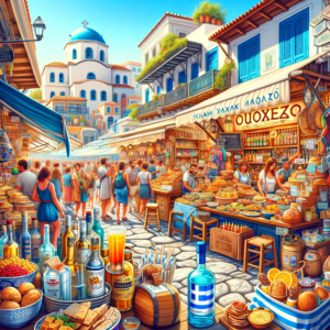 Kreikkalaiset markkinat, joissa mukana ouzo